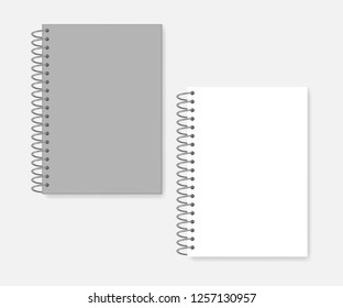 Spiral A4 Notebook, Realistic Vector Mockup. Wire Bound Blank Note Book: White Page And Gray Cover, Mock-up.