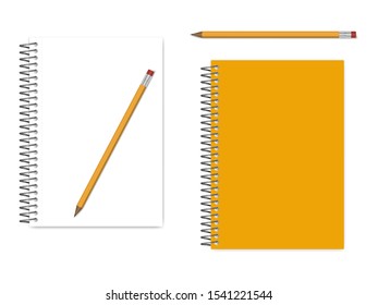 Spiral A5 notebook empty page and cover with graphite pencil, realistic vector mockup