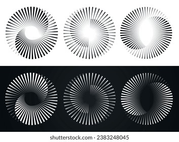 Conjunto de círculo espiral abstracto. abstracto dinámico de línea, diseño gráfico espiral de ondas electro ilustración vectorial, ritmo de onda sonora círculo fondo negro y blanco o icono de conjunto logotipo