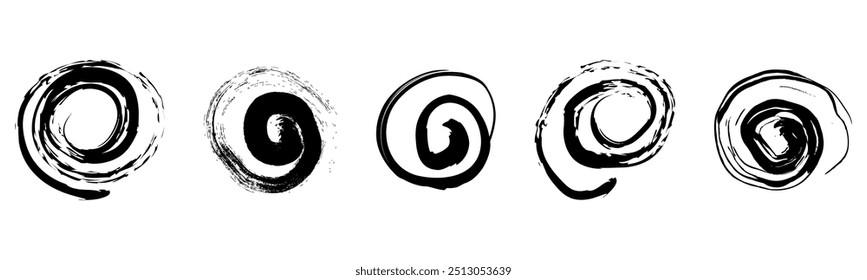 Spiral abstract circle, swirl brush stroke hypnosis psychedelic shape, geometric textured form. Concetric grunge irregular free hand doodle meander.