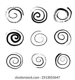 Spiral abstract circle, swirl brush stroke hypnosis psychedelic shape, geometric textured form. Concetric grunge irregular free hand doodle meander.