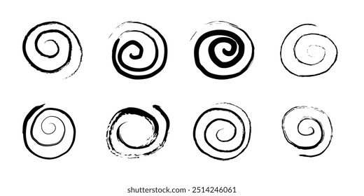 Spiral abstract circle, swirl brush stroke hypnosis psychedelic shape, geometric textured form. Concetric grunge irregular free hand doodle meander.