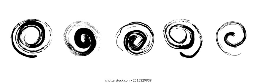 Spiral abstract circle, swirl brush stroke hypnosis psychedelic shape, geometric textured form. Concetric grunge irregular free hand doodle meander.