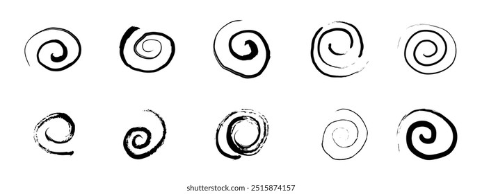 Spiral abstract circle, swirl brush stroke hypnosis psychedelic shape, geometric textured form. Concetric grunge irregular free hand doodle meander.