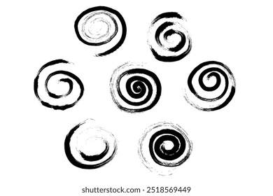 Spiral abstract circle, swirl brush stroke hypnosis psychedelic shape, geometric textured form. Concetric grunge irregular free hand doodle meander.