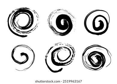 Spiral abstract circle, swirl brush stroke hypnosis psychedelic shape, geometric textured form. Concetric grunge irregular free hand doodle meander.