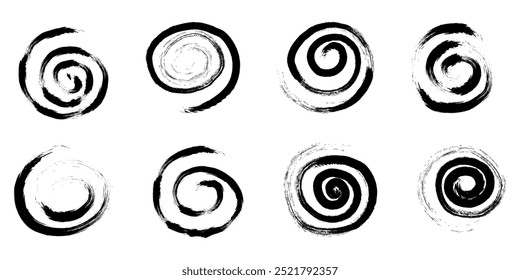 Spiral abstract circle, swirl brush stroke hypnosis psychedelic shape, geometric textured form. Concetric grunge irregular free hand doodle meander.