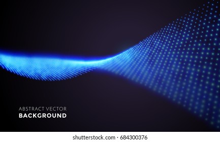 Spiral abstract neon light in motion. Vector digital blue LED lights wave with motion effect on black background. Glowing illumination light of futuristic swirl for tv screen backdrop.