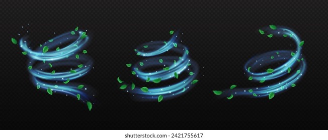 Spiral air flows with leaves and glitter realistic vector illustration set. Foliage rotating by flying dust 3d elements on transparent background