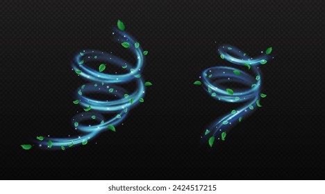 Spiral air flows with leaves and glitter realistic vector illustration set. Foliage rotating by flying dust 3d elements on transparent background