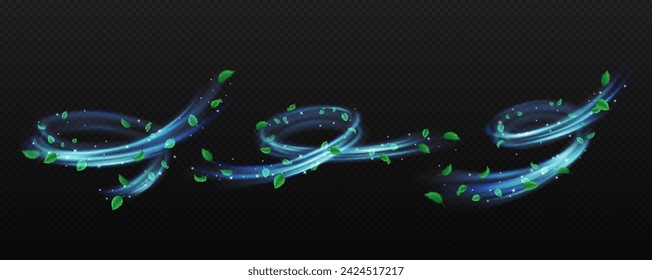 Spiral air flows with leaves and glitter realistic vector illustration set. Foliage rotating by flying dust 3d elements on transparent background