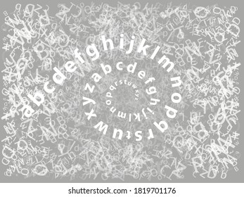Spiral alphabet with fly lettres on grey background. Gray banner with swirl text.