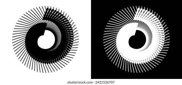 Spiral ans circle with lines as dynamic abstract vector background or logo or icon. Black shape on a white background and the same white shape on the black side.