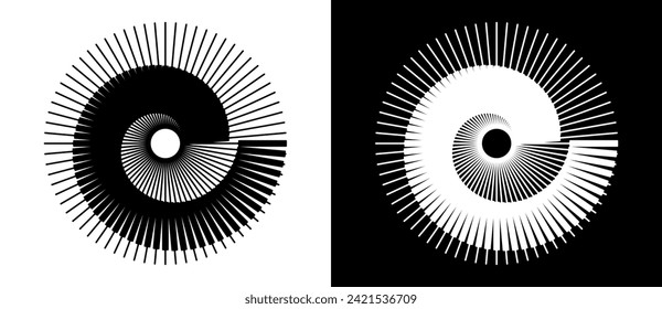 Espiral es un círculo con líneas como fondo vectorial abstracto dinámico o logotipo o icono. Forma negra sobre un fondo blanco y la misma forma blanca sobre el lado negro.