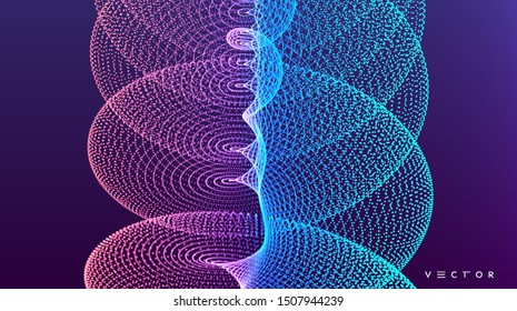 Spiral. Array with dynamic particles. Abstract grid design. 3d vector illustration for science or technology. 