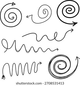 Colección de doodle de flecha espiral con curvas fluidas y líneas artísticas.