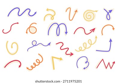 Spiralpfeil doodle set, collage ausschnitt wellig twist minimal squiggly line. Kurve Comic Wende Weg ausgeschnitten Richtung. Spielerisch schrullig einfache freie Hand Elemente. 