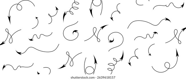 Spiral arrow doodle, wavy twist minimal squiggly line set. Curve comic turn way direction. Playful quirky simple free hand elements.