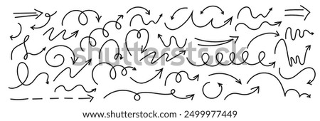 Spiral arrow doodle, wavy twist minimal squiggly line set. Curve comic turn way direction. Playful quirky simple free hand elements. 