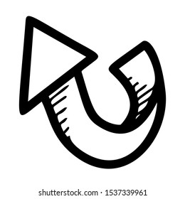 Spiral arrow hand drawn vector illustration. Navigation pointer sign isolated on white background