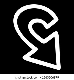 Spiral arrow hand drawn vector illustration. Navigation pointer sign isolated on black background