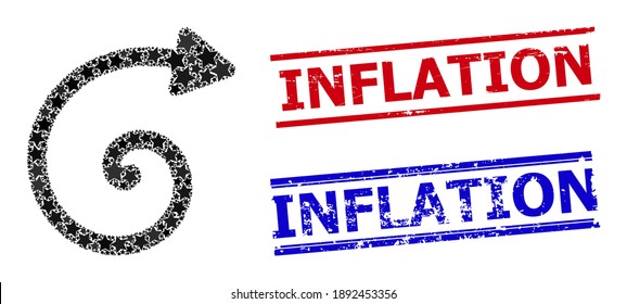 Spiralpfeile Sternmuster und grunge Inflationssiegel. Rote und blaue Briefmarken mit Stress-Stil und Inflationswort. Das abstrakte Spiralpfeilkonzept ist mit zufälligen flachen Sternelementen konstruiert.