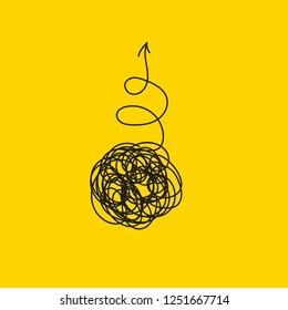 Spiral with arrow takes off from  tangled ball. Hand drawn doodle vector illustration