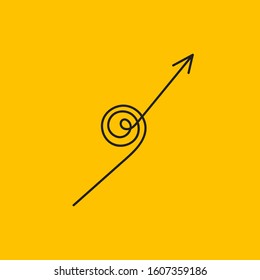 Spiral arrow, yellow and black sign, vector symbol of growth