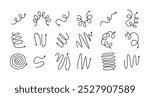 Spiral arrows Doodle set, hand drawn spring arrow coil icons flexible lines. Editable stroke. Vector illustration