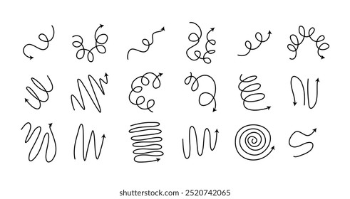 Setas em espiral Conjunto de doodle, mão desenhada seta bobina ícones linhas flexíveis. Traçado editável. Ilustração vetorial