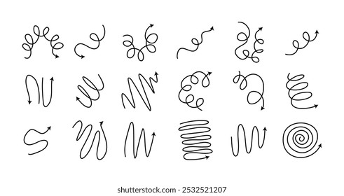 Setas em espiral Conjunto de doodle, mão desenhada seta bobina ícones linhas flexíveis. Traçado editável. Ilustração vetorial