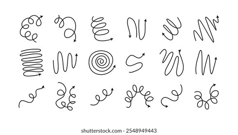 Spiral arrows Doodle set, hand drawn spring arrow coil icons flexible lines. Editable stroke. Vector illustration