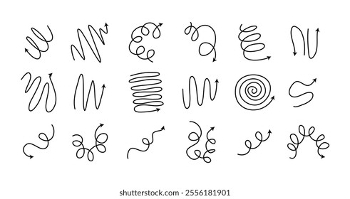 Spiral arrows Doodle set, hand drawn spring arrow coil icons flexible lines. Editable stroke. Vector illustration