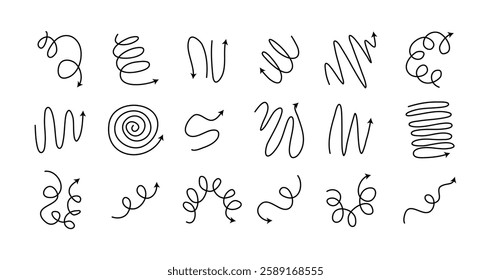 Spiral arrows Doodle set, hand drawn spring arrow coil icons flexible lines. Editable stroke. Vector illustration