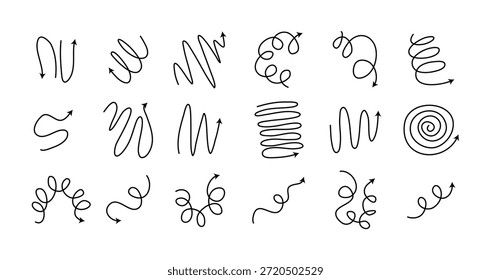 Conjunto de Doodle de flechas en espiral, iconos de bobina de flecha de resorte dibujados a mano, líneas flexibles. Trazo editable. Ilustración vectorial