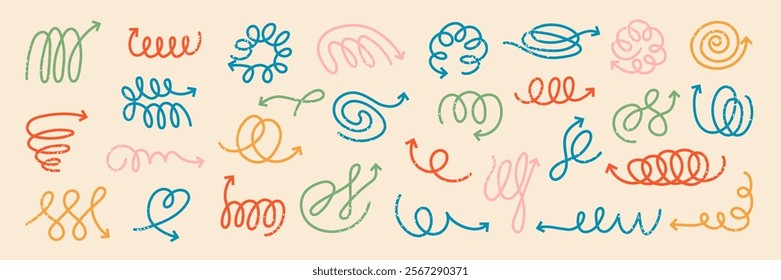 Spiral arrows. Hand drawn lines with arrows on ending recent vector doodle set of different spirals