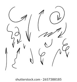 Flechas en espiral, dibujadas a mano. Ilustración vectorial. Un conjunto de flechas de doodle en espiral, aisladas sobre un fondo blanco. Rotación de línea elegante, curva de onda, flechas.