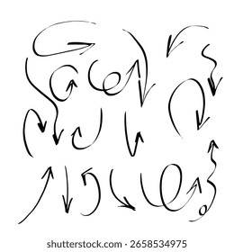 Spiral arrows, hand-drawn. Vector illustration. A set of spiral doodle arrows, isolated on a white background. Fancy line rotation, wave curve, arrows.
