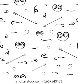 Spiral arrows line vector seamless pattern. Seamless doodle ink pointer and arrow pattern 