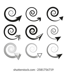 Spiral arrows set. Curved directional pointers. Abstract black symbols. Modern vector design.