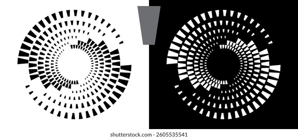 Spiral as background with quadrangles. Circle design element or icon, logo. Black shape on a white background and the same white shape on the black side.