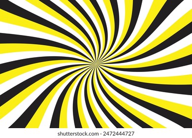 Spiral background with rays, black yellow white swirling abstract background.