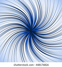 Spiral background with thin radial lines. Concentric, circular swirl, twirl pattern. Sunburst with rotation. Monochrome abstract illustration.