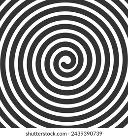 Spiral background. Wallpaper with thick black swirl line. Dizzy hypnotic monochrome pattern. Vertigo, whirlpool, tornado or whirlwind print. Snail shell texture. Vector graphic illustration.