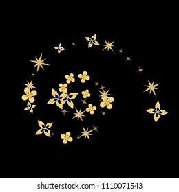 Spiral band from scattered golden flowers. Abstract confetti vector swirl object from flying rotating floral elements. Decorative Vector illustration. Decoration, paper packaging, textile design.
