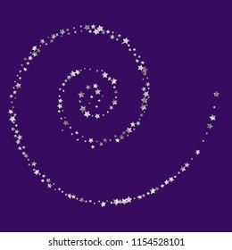 Spiral band from scattered stars. Confetti coil object. Isolated gradient celestial elements. Silver metal glitter. Iridescent glitter festive celebration vector template for decoration