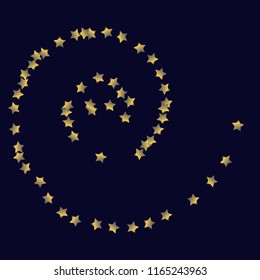 Spiral band from scattered stars. Confetti coil object. Isolated gradient stellar elements. Platinum chrome metal shine. Iridescent glitter festive celebration vector template.