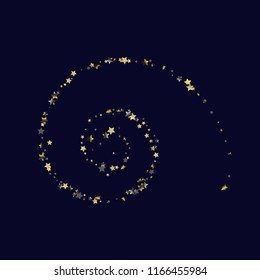 Spiral band from scattered stars. Confetti coil object. Isolated gradient celestial elements. Platinum chrome metal glitter. Holiday celebration luminous glossy vector template.