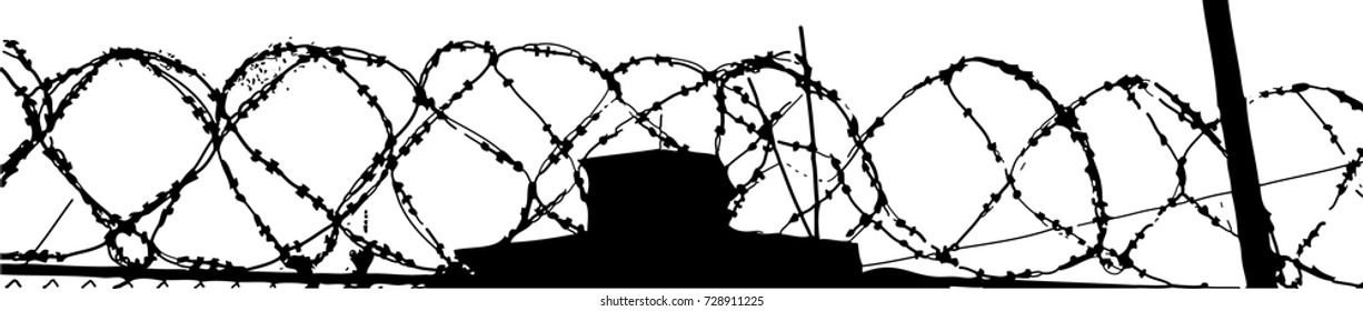 Spiral barbed wire and tower. Vector art.