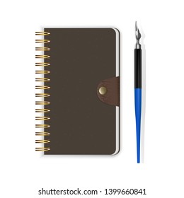 Spiral binding notebook or notepad and fountain pen isolated on white background, Closed Sketchbook or diary. 3D, Vector illustration